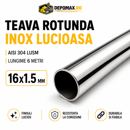 Teava rotunda inox lucios AISI 304 LUSM, 16 x 1.5 mm, 6 metri